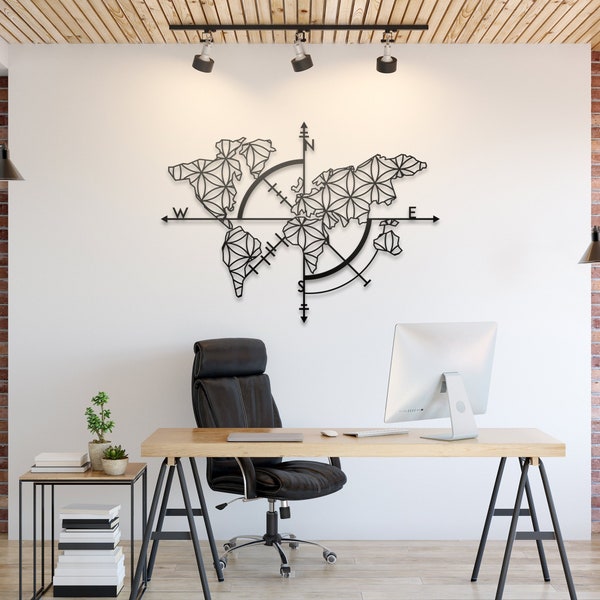 World Map Metal Wall Art Geographical Map Compass Traveler Explorer Minimalist Monochrome Urban Loft Style Decoration