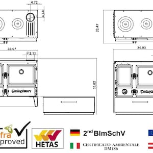 May include: Line drawing of a wood-burning stove with two ovens and a warming drawer. The stove is 35.82 inches wide, 31.29 inches tall, and 35.82 inches deep. The stove has a black finish and a stainless steel door. The stove is certified by the 2nd BlmSchV, Defra Approved, HETAS, and Eco Design. The stove is also certified by the Italian environmental agency with the number DM186. The stove is also certified by the Austrian government with the number Art. 15a B-VG.