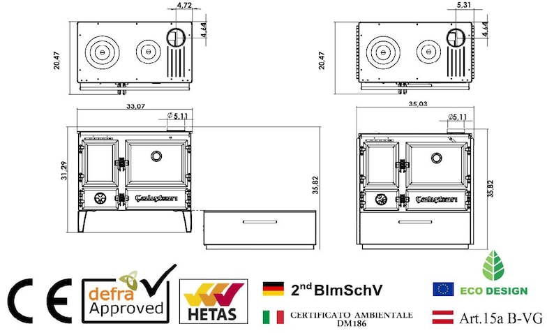 May include: Line drawing of a wood-burning stove with two ovens and a warming drawer. The stove is 35.82 inches wide, 31.29 inches tall, and 35.82 inches deep. The stove has a black finish and a stainless steel door. The stove is certified by the 2nd BlmSchV, Defra Approved, HETAS, and Eco Design. The stove is also certified by the Italian environmental agency with the number DM186. The stove is also certified by the Austrian government with the number Art. 15a B-VG.