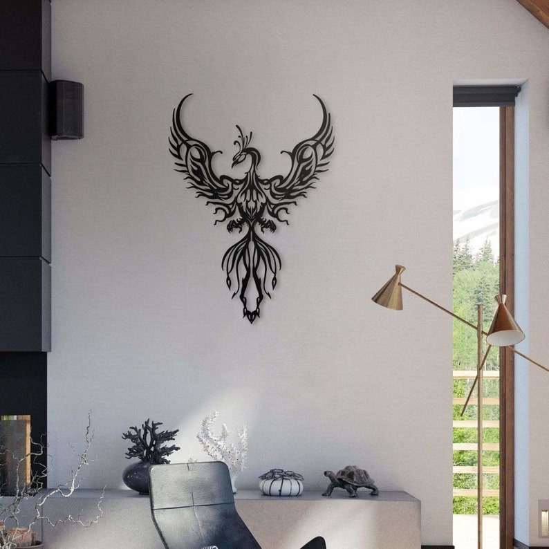 Phoenix Bird Rising Metal Wall Art Symbolic Rebirth Resurrection Empowering Nordic Decoration Mythical Creature Housewarming Gift CK image 3