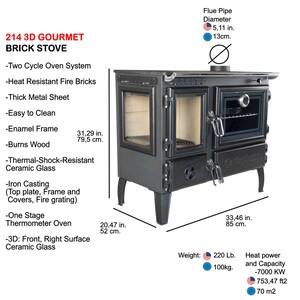 May include: A black 3D Gourmet brick stove with a two-cycle oven system, heat-resistant fire bricks, a thick metal sheet, and a ceramic glass door. The stove is 31.29 inches wide, 20.47 inches deep, and 33.46 inches tall. It weighs 220 pounds and has a heat output of 7,000 kW.