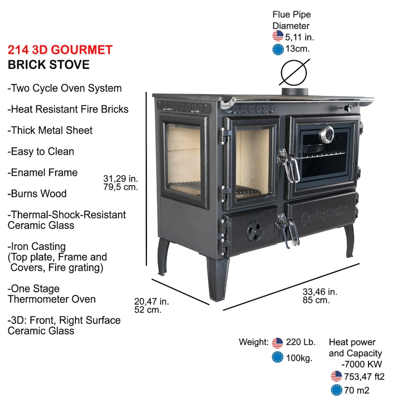 May include: A black 3D Gourmet brick stove with a two-cycle oven system, heat-resistant fire bricks, a thick metal sheet, and a ceramic glass door. The stove is 31.29 inches wide, 20.47 inches deep, and 33.46 inches tall. It weighs 220 pounds and has a heat output of 7,000 kW.