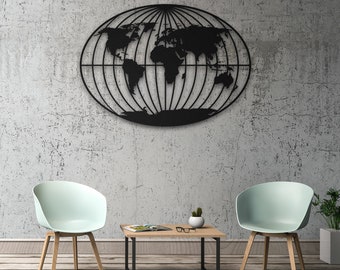 Metal World Map Wall Art: Geometric Globe Sign, Living Room Decor