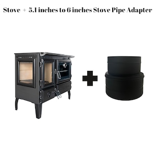 May include: A black cast iron wood-burning stove with a glass door and a black stove pipe adapter. The stove is 5.1 inches to 6 inches in diameter.