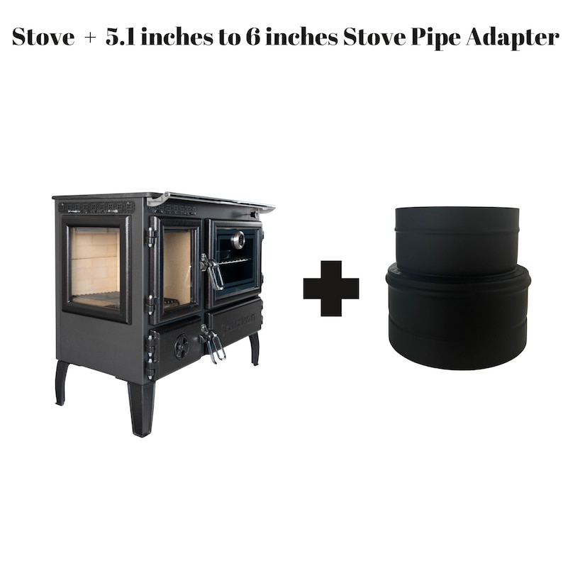 May include: A black cast iron wood-burning stove with a glass door and a black stove pipe adapter. The stove is 5.1 inches to 6 inches in diameter.