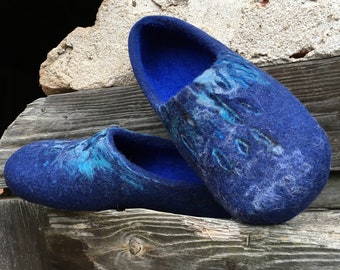Handmade Merino Wool Felted Mens Slippers, Blue Clogs