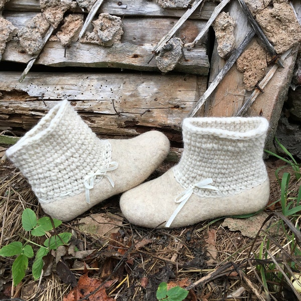 White felted woman slippers wool with a knitted ankle - felt clogs made of natural wool - environmentally friendly slippers. a gift for her