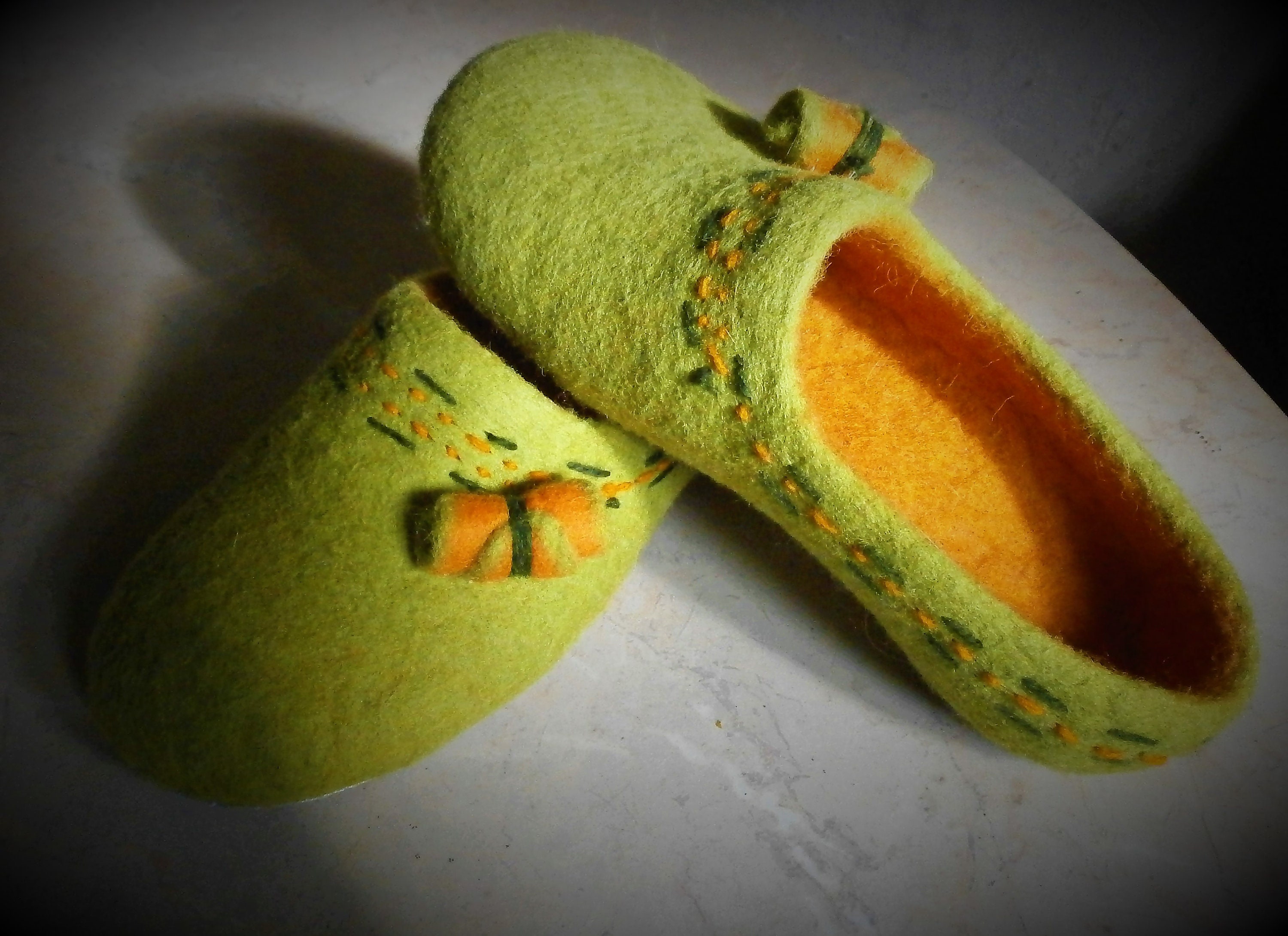 Women's Green Orange Felted Slippers.100% Sheep Wool - Etsy