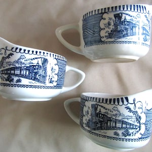 Set of Three Royal China Currier & Ives Blue Creamers