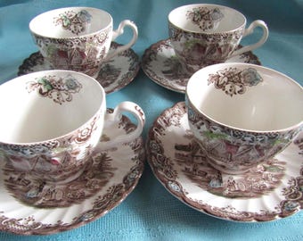 Set Of Brown Multicolor Heritage Hall Four Cups With Four Saucers