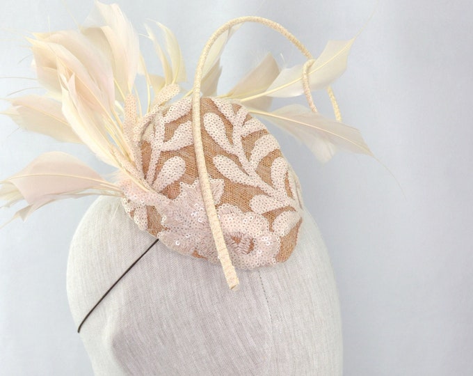 Beige Feather Cocktail Hat.