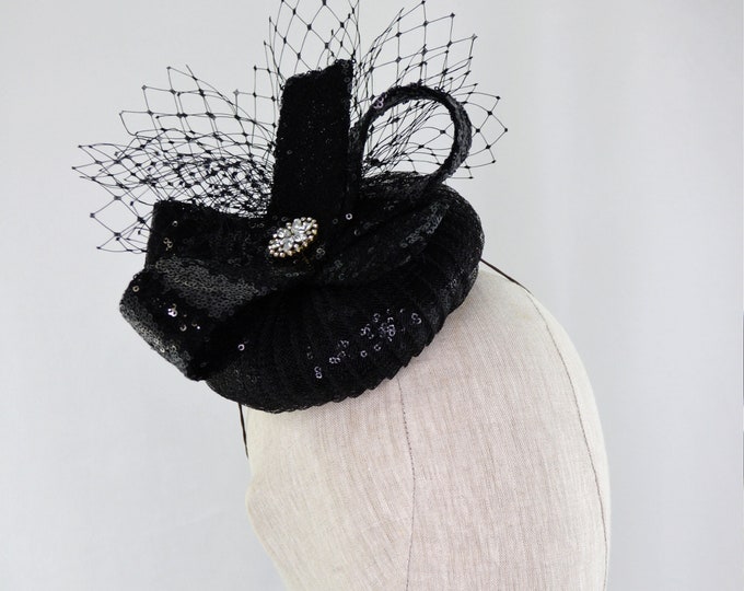 Black Sequin Cocktail Hat.