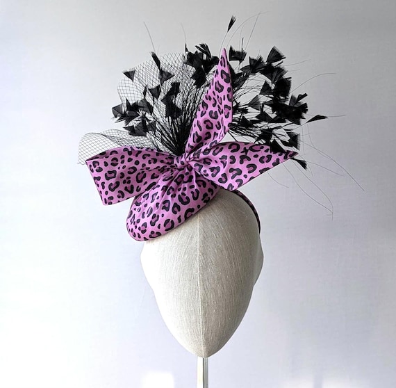 Pink and Black Leopard Print Feather Cocktail Hat
