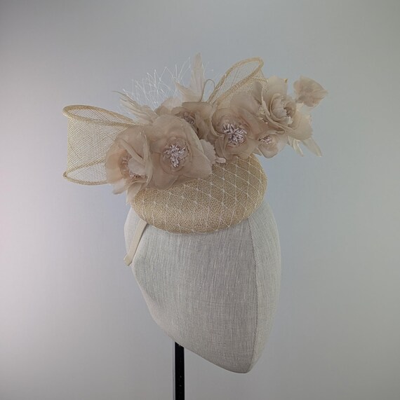 BLOSSOM pillbox fascinator,Natural straw