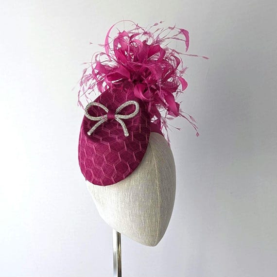Cerise Percher Hat with Rhinestone Bow.