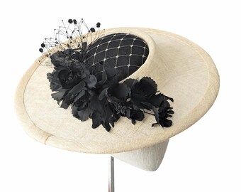 Black Derby Hat: Wide Brim Sinamay Feather Ascot Hat - Etsy display picture 1