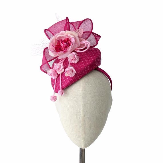 Magenta Straw Teardrop Pillbox Hat with silk flower, Bow & veiling.  Kentucky Derby Hat, church, Tea Party hat or other special formal event