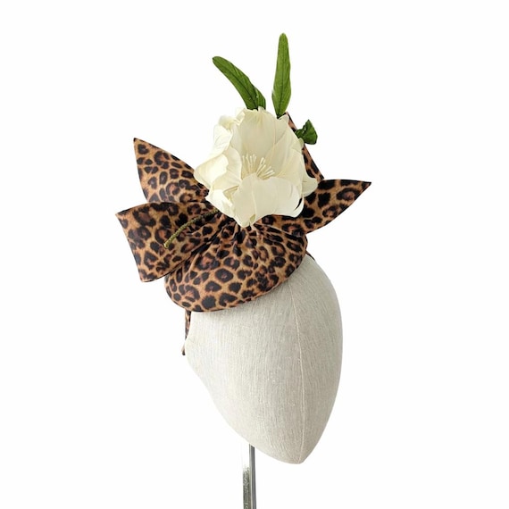 Leopard Print Hat in organic cotton with handmade feather poppy and bow