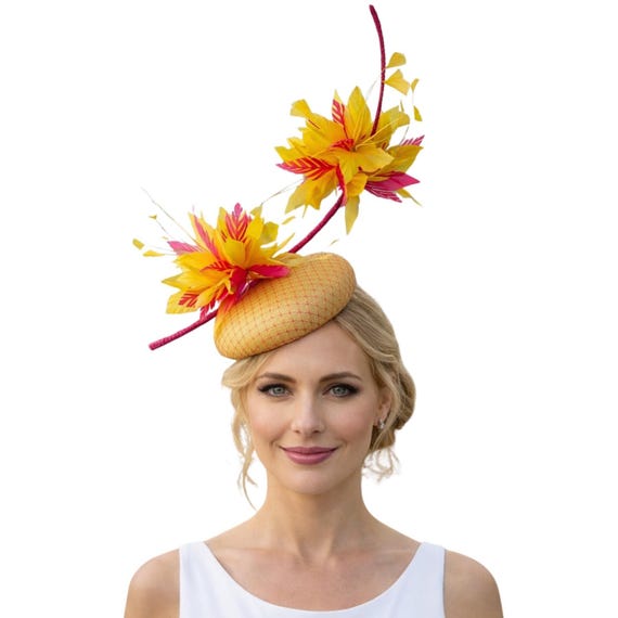 Fleur Volante - Yellow and Pink Pom Pom feather hat