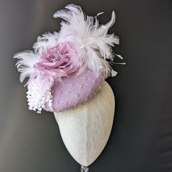 Large lilac Kentucky Derby feathered hat