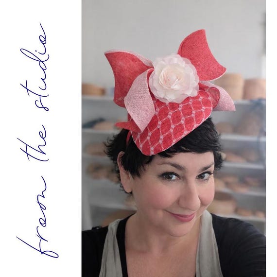 BARDOT - red and pink straw teardrop with silk flower and bow