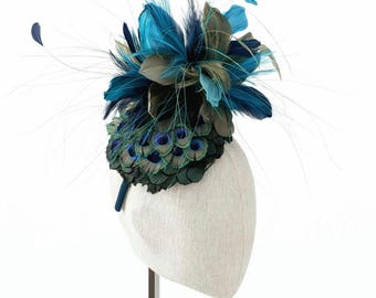 Navy Peacock Feather Fascinator Hat, Turquoise Flower  display picture 3