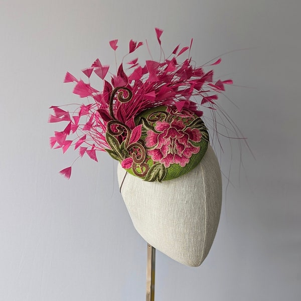 CUSTOMIZE COLOR Green and Pink British Style Afternoon Tea Party Fascinator. Formal occasion Hat.  Feather Kentucky Derby Hat.