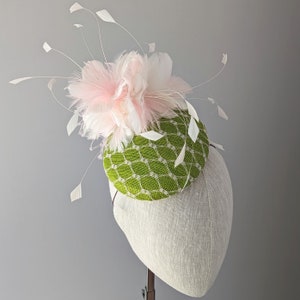 CUSTOMIZE COLORS Pink & Green Derby Oaks Hat.Feather fascinator. Bridal Shower,Mother of the bride hat.Pink church hat or Kentucky Derby Hat