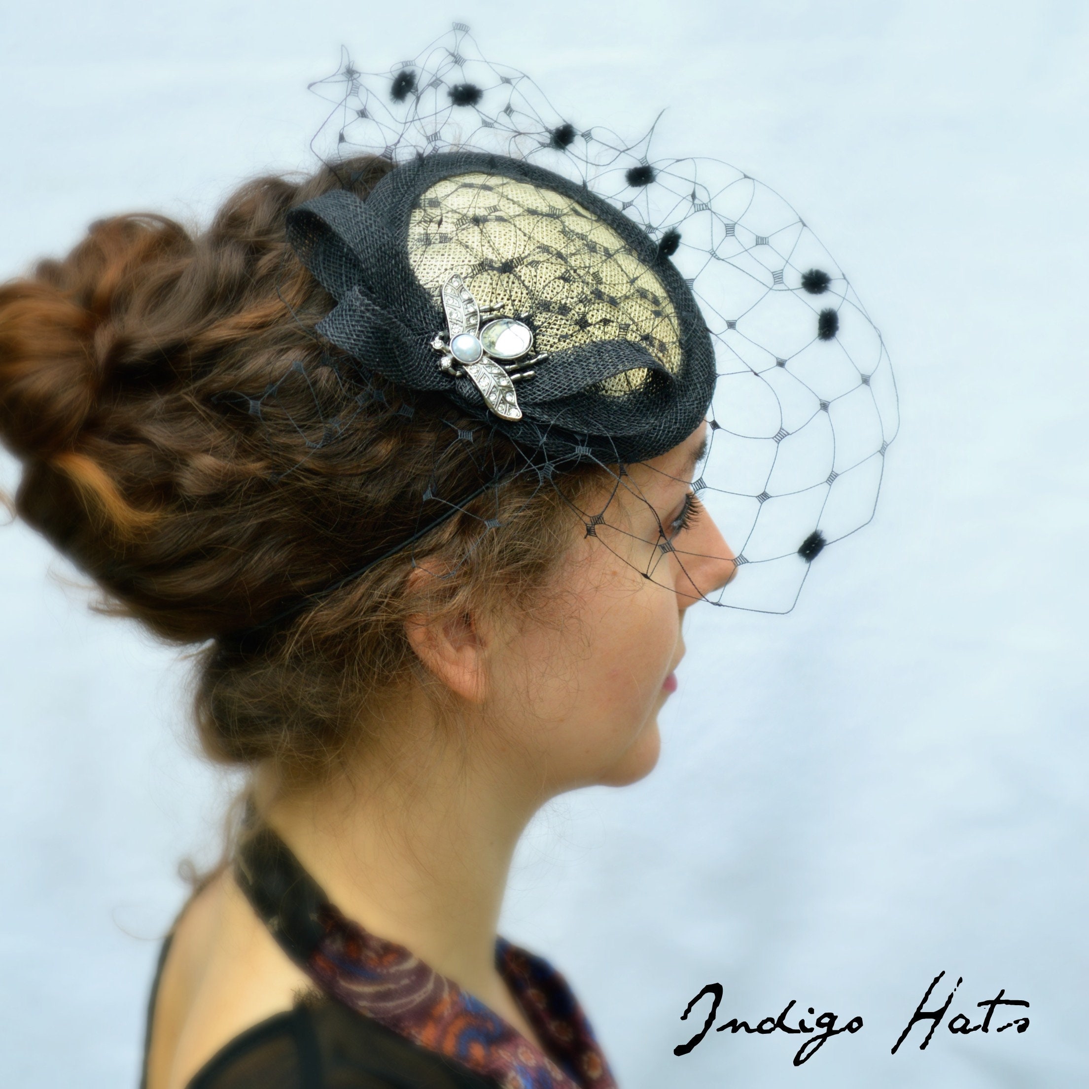 black and cream fascinator hat