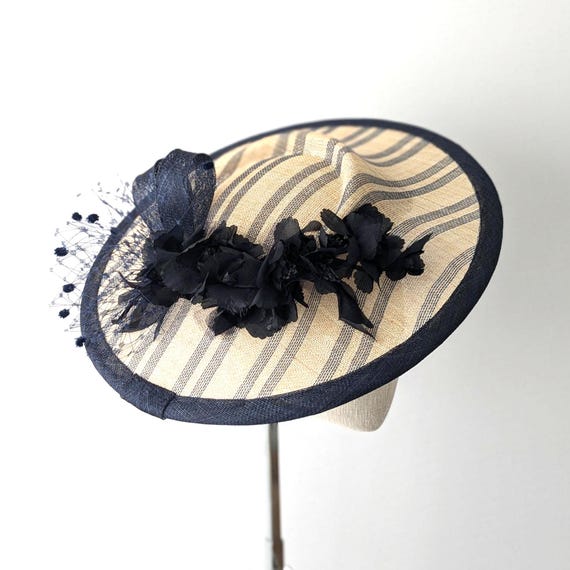 BARCELONA  in navy French ticking stripe with silk flowers