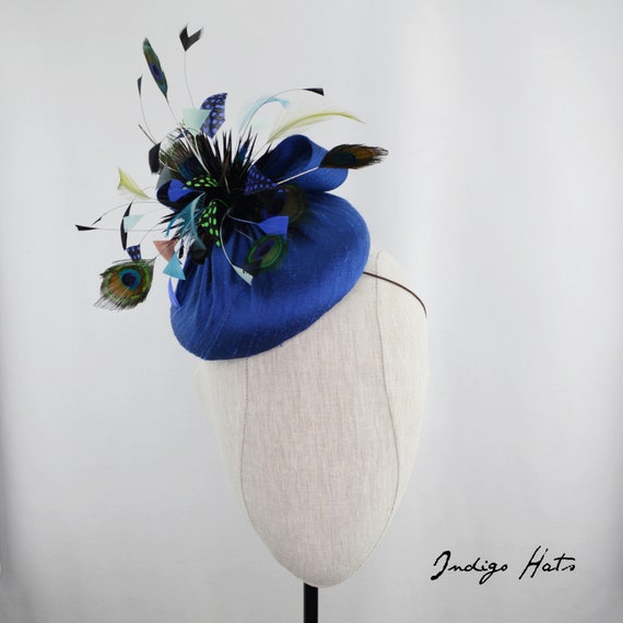 CUSTOMIZE COLORS - Peacock Blue Silk hat with feather pom pom