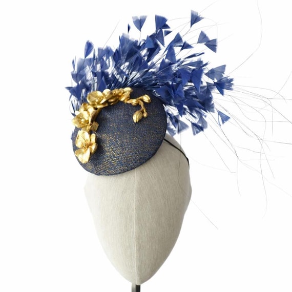 GILDED - Navy percher with feathers and gold orchids