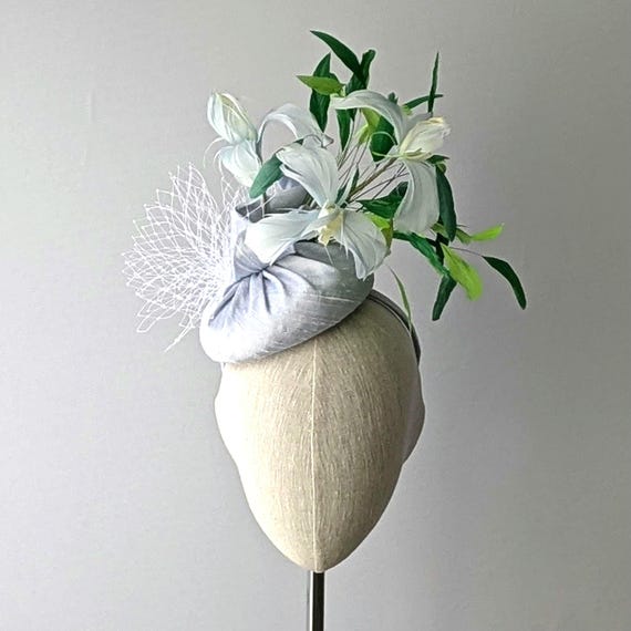 Light Blue Silk with feather iris's formal Hat. Kentucky Derby Races, afternoon tea Fascinator, church hat. Showstopper sky blue couture hat