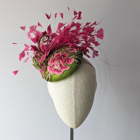 CUSTOMIZE - Green and Pink Embroidery with Magenta Feathers