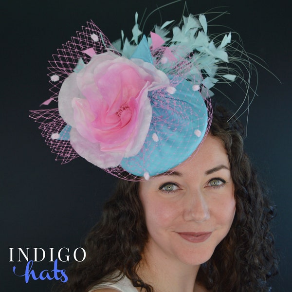 Tiffany Blue Kentucky Derby fascinator Hat with pink rose and feathers. Showstopper Percher for Races, Ladies day, and charity luncheons