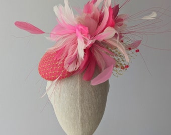 CUSTOMIZE Shades of Pink with Gold Kentucky Derby Hat. Feather fascinator, gold veiling. Bridal Shower, Mother of the bride hat, church hat.