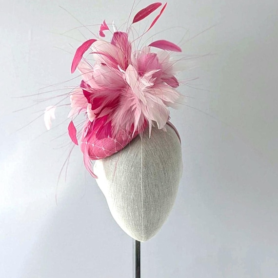 Pink shades Kentucky Derby Oaks Hat.  Womens Pink Feather fascinator. Mid and light pink Tea party hat or Easter church hat on headband