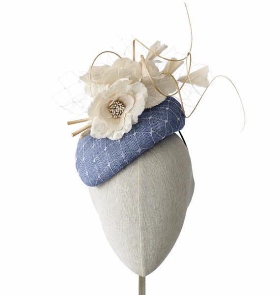 Periwinkle Straw Teardrop Pillbox Hat with velvet flowers, veiling and curled quills