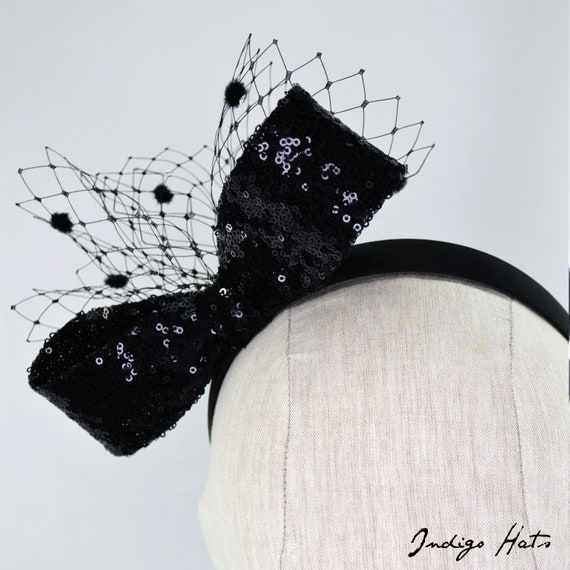 Black Sequin Bow headband for women.