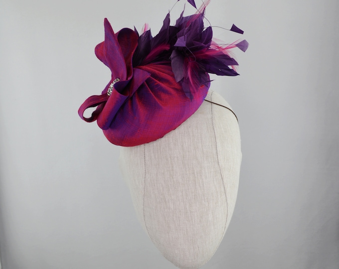 Custom order for Jean - Gold silk and purple feather cocktail hat