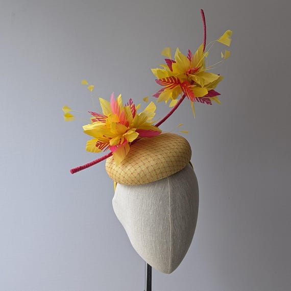 Fleur Volante - Yellow and Pink Pom Pom feather hat