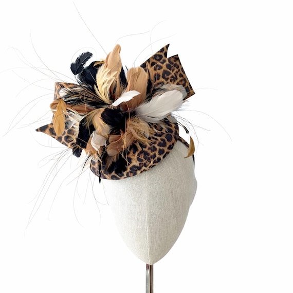 Leopard Print Hat in organic cotton with feather pouf and bow