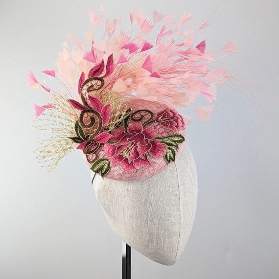 CUSTOMIZE COLOR Pink British Style Afternoon Tea Party Fascinator. Formal occasion hat.  Shades of pink feather Kentucky Derby Hat.