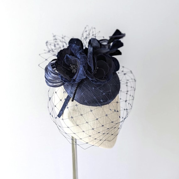 Navy Silk Abaca Pillbox Hat.
