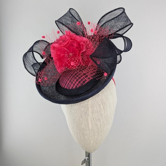 Navy Percher with Pink Feather Flower