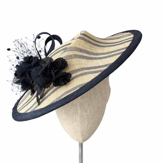 BARCELONA  in navy French ticking stripe with silk flowers