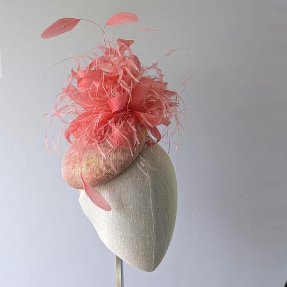 Gold and Coral Feather Kentucky Derby Hat.