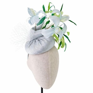 Light Blue Silk with feather iris's formal Hat. Kentucky Derby Races, afternoon tea Fascinator, church hat. Showstopper sky blue couture hat