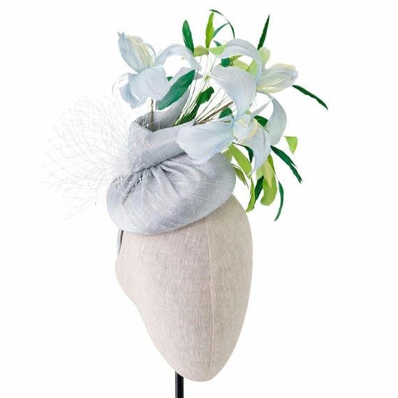 lRIS - Light Blue Silk with feather iris's formal Hat.