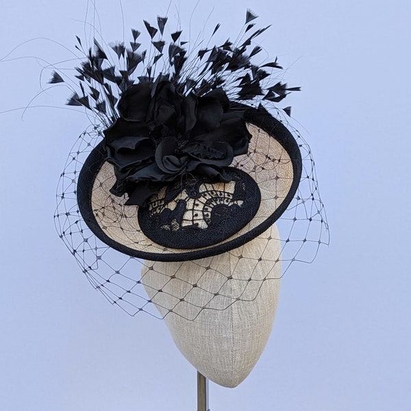 Natural and black Kentucky Derby Hat. Two tone Church Hat, Formal event, Charity Luncheon Hat or Mother of the Bride Fascinator Percher hat